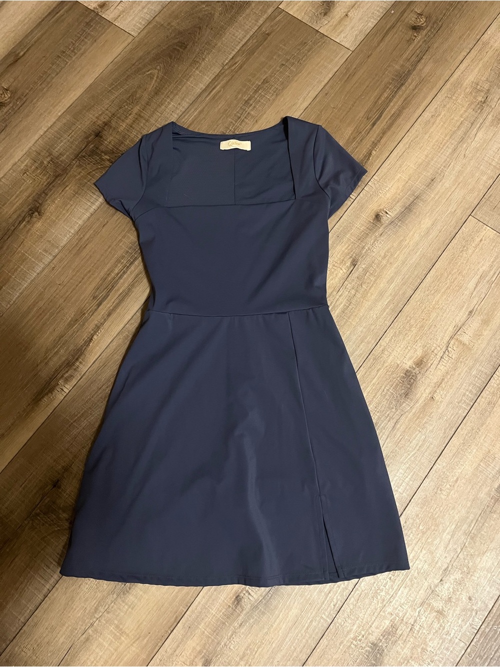 Navy Short-Sleeve Square-Neck A-Line Dress